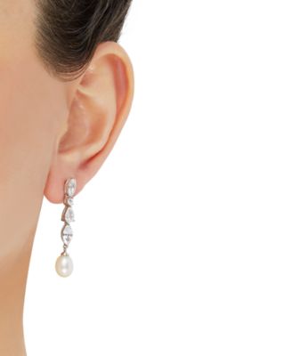 Cultured Freshwater Pearl (9 x 7mm) & Cubic Zirconia Drop Earrings in Sterling Silver, Created for Macy's