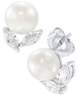 Cultured Freshwater Pearl (8mm) & Cubic Zirconia Stud Earrings in Sterling Silver