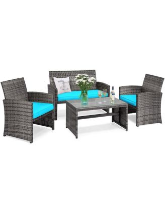 4PCS Patio Rattan Furniture Set Conversation Glass Table Top