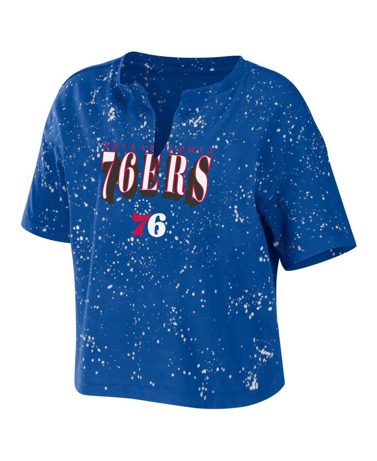 Shop Wear By Erin Andrews Women's  Royal Philadelphia 76ers Bleach Splatter Notch Neck T-shirt