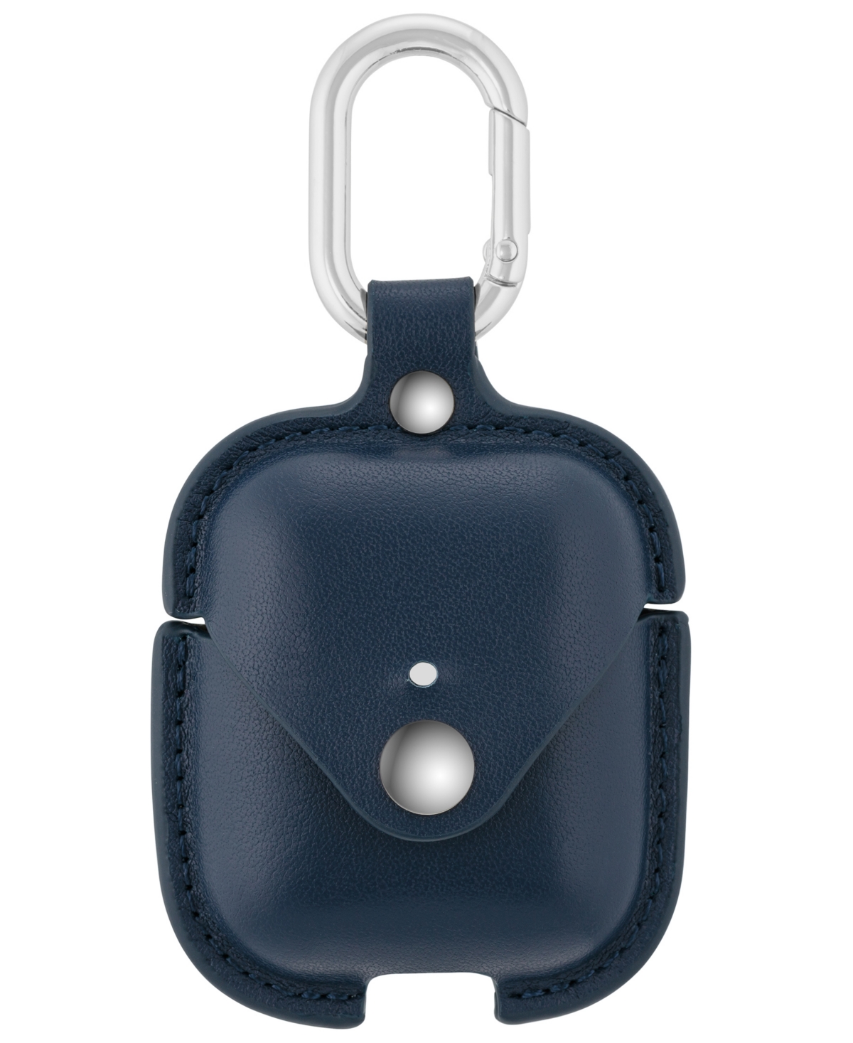 Blue Leather Apple AirPods Case with Silver-Tone Snap Closure and Carabiner Clip - Navy, Silver-Tone