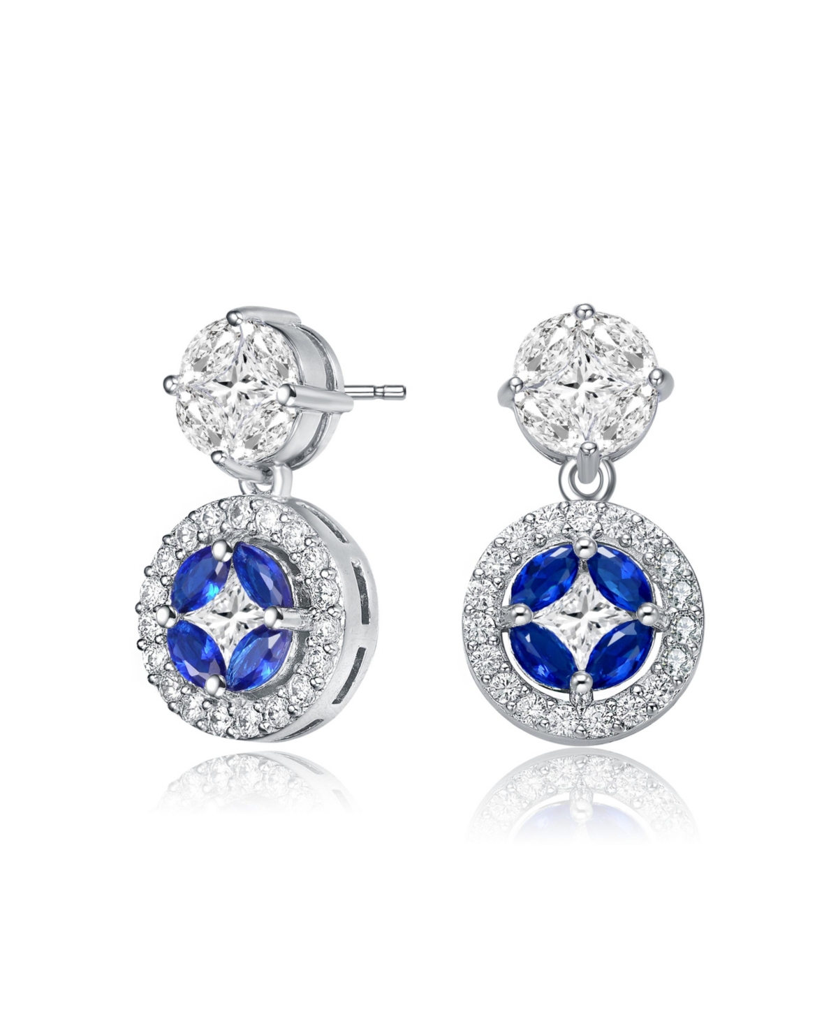 Sterling Silver White Gold Plated Blue Marquise with Clear Princess and Round Cubic Zirconia Accent Drop Earrings - Blue