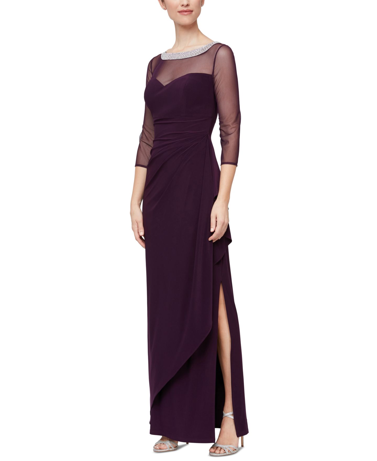Женское платье Alex Evenings Petite Embellished-Neck Side-Ruched Illusion, цвет: Баклажановый — фото 1