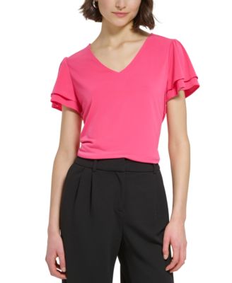 Calvin Klein - Petite V-Neck Tiered Flutter-Sleeve Top