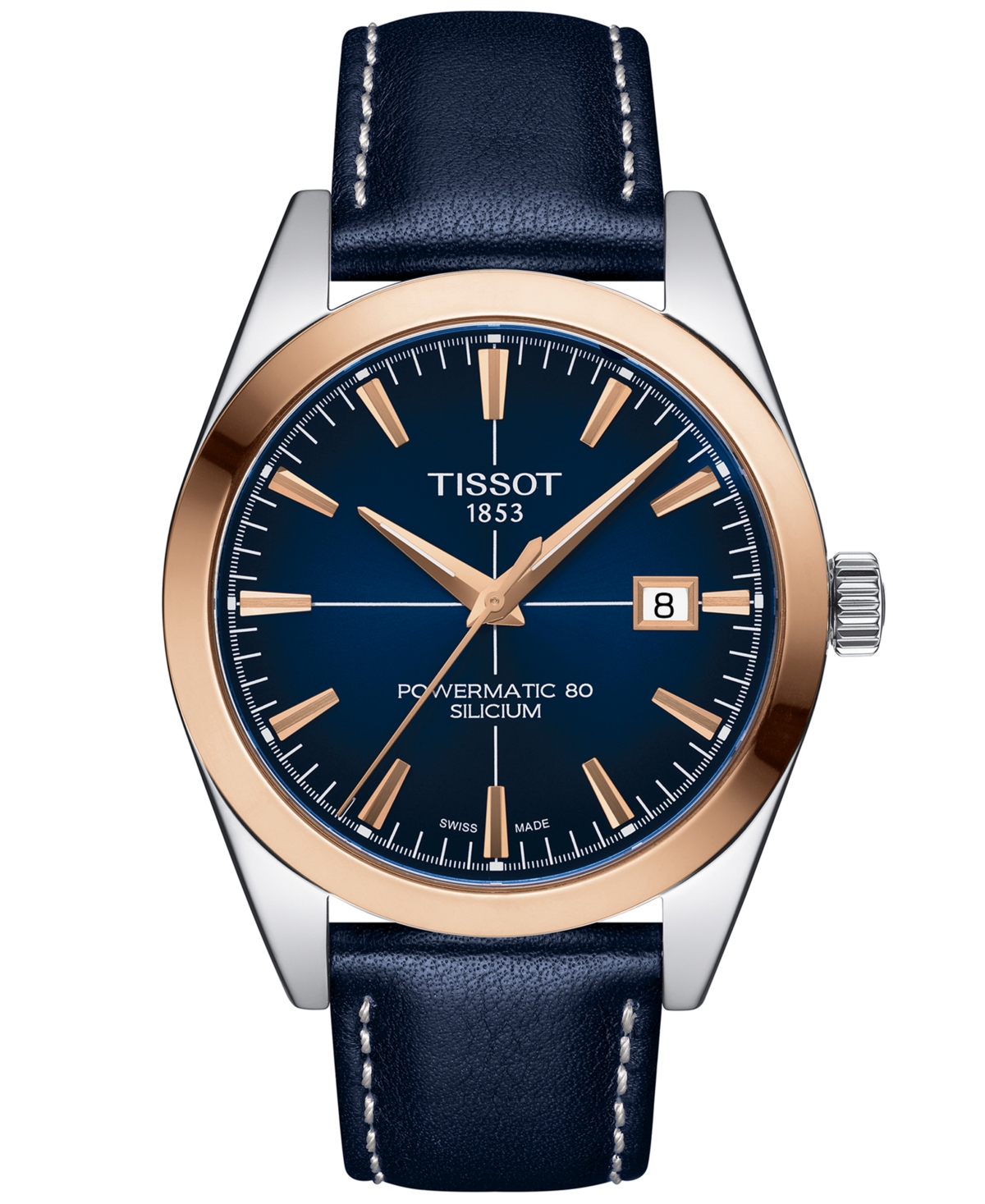 TISSOT MEN'S SWISS AUTOMATIC GENTLEMAN POWERMATIC 80 SILICIUM BLUE LEATHER STRAP WATCH 40MM