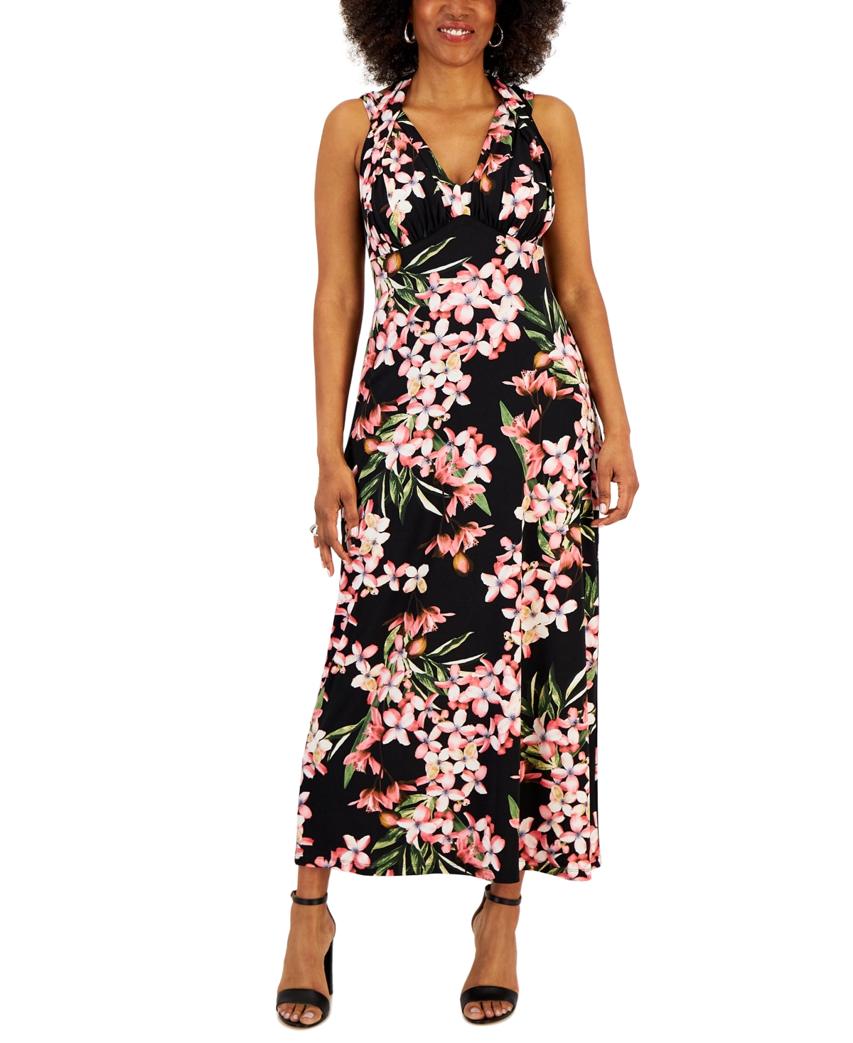 Connected Petite Floral-print Halter Maxi Dress In Watermelon