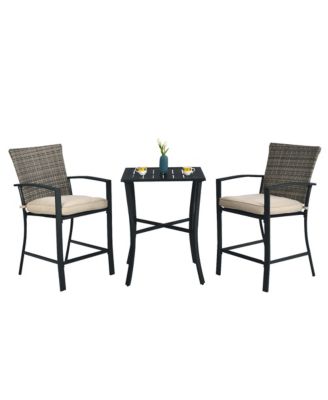 Patio Rattan Bar Furniture Set Slat Table 2 Cushioned Stools Poolside
