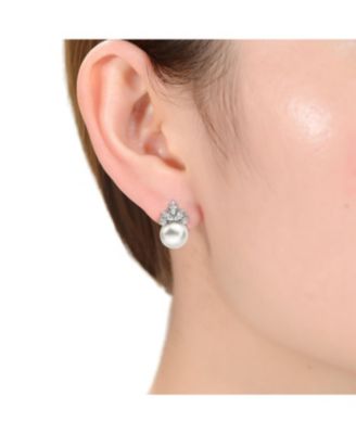 Elegant Fresh Water Pearl Marquise Earrings in Sterling Silver White Gold Plating with Cubic Zirconia