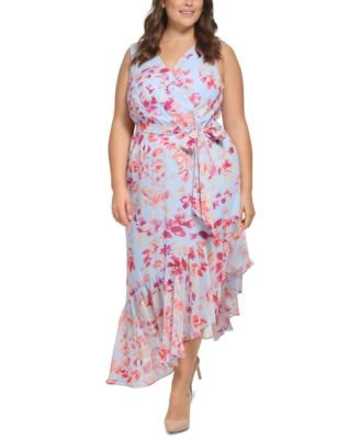 Eliza J Plus Size Printed Faux-Wrap Asymmetric-Hem Dress - Macy's