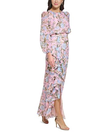 Eliza J Women's Floral-Print Chiffon Cascade Maxi Dress - Macy's