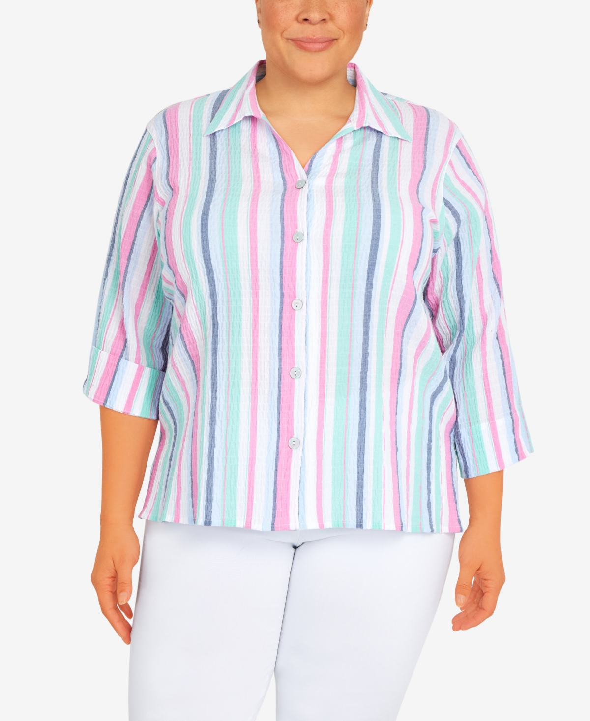 Alfred Dunner Plus Size Classic Crinkle Stripe 3/4 Sleeve Button Down Top In Multi