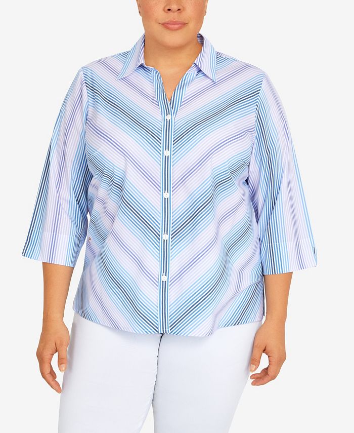 Alfred Dunner Plus Size Classic Mitered Stripe Button Down Top - Macy's
