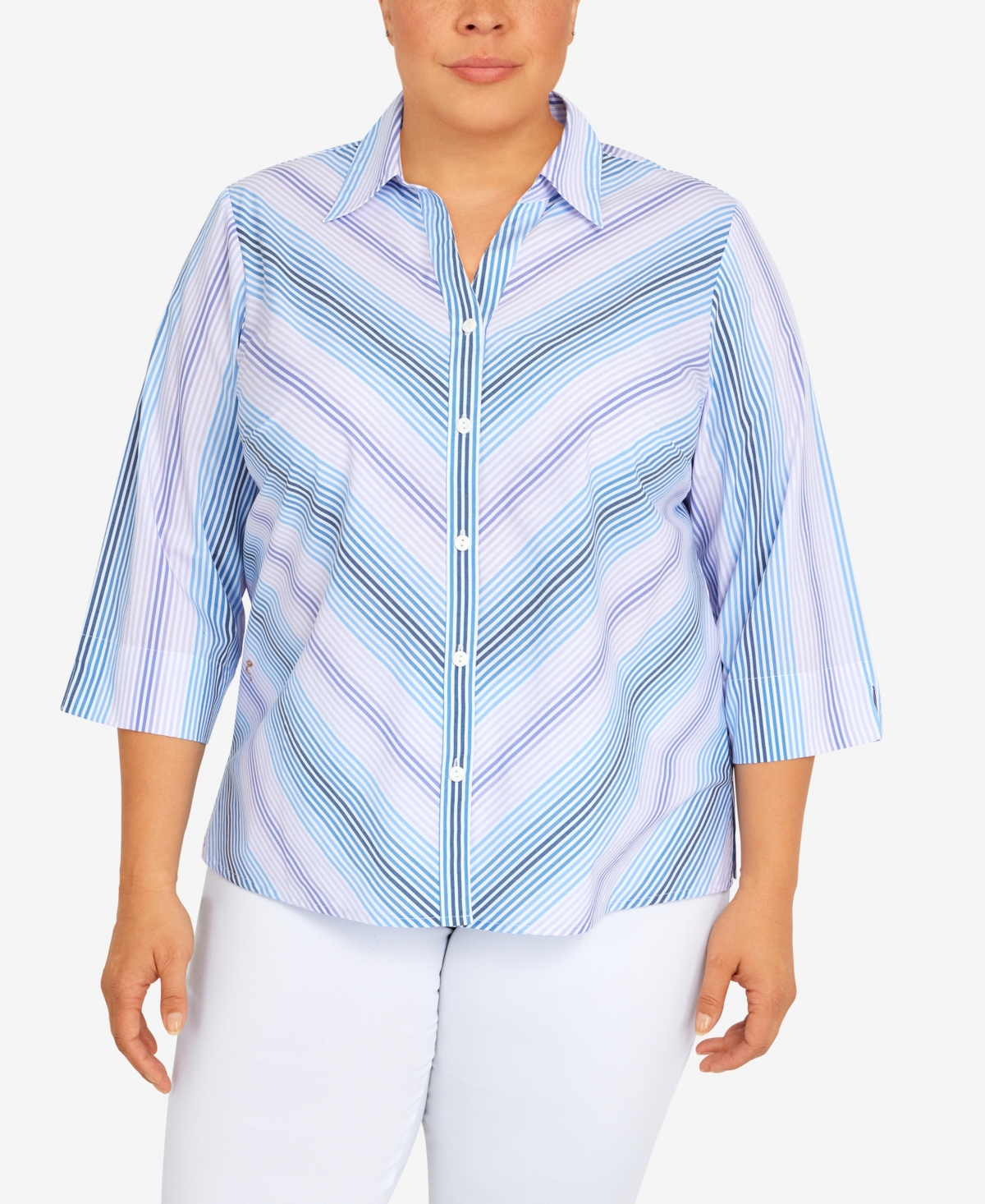 ALFRED DUNNER PLUS SIZE CLASSIC MITERED STRIPE BUTTON DOWN TOP
