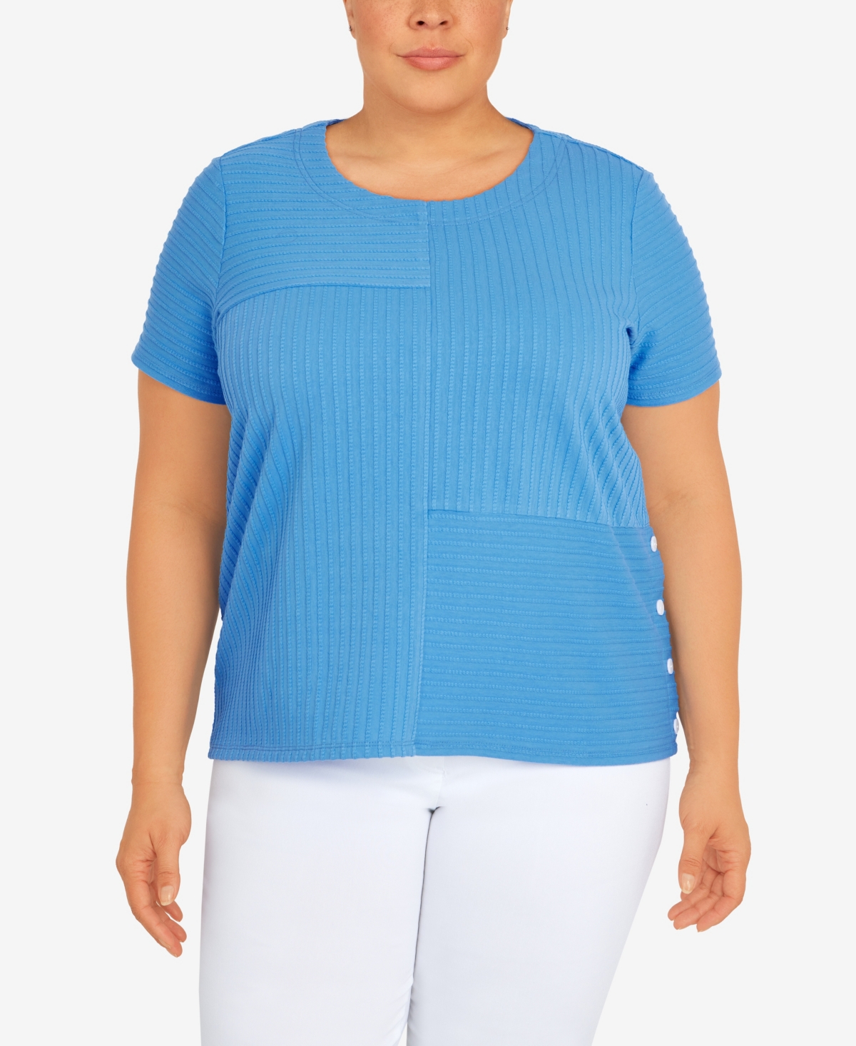 Alfred Dunner Plus Size Classic Spliced Ottoman Texture Knit Short Sleeve Top In Periwinkle