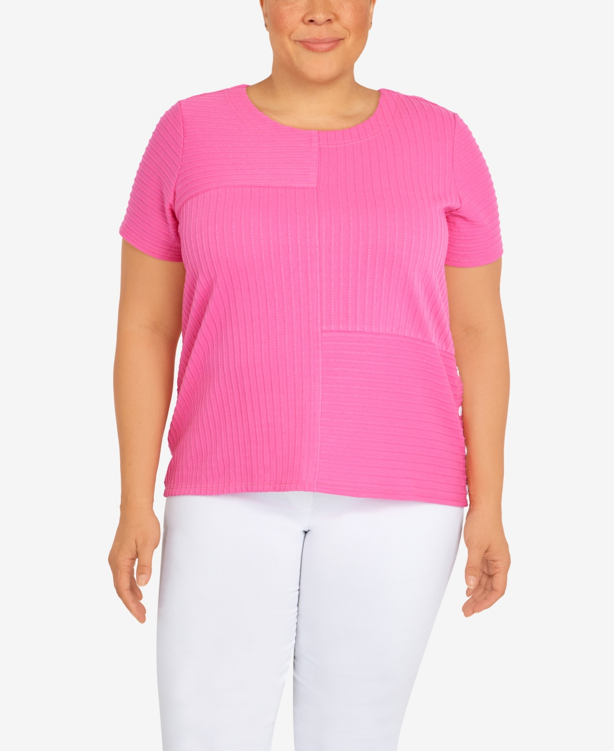 Alfred Dunner Plus Size Classic Spliced Ottoman Texture Knit Short Sleeve Top In Carnation