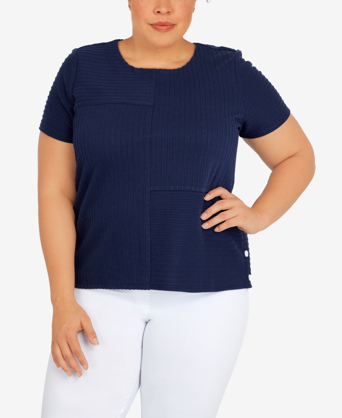 Alfred Dunner Plus Size Classic Spliced Ottoman Texture Knit Short Sleeve Top In Navy