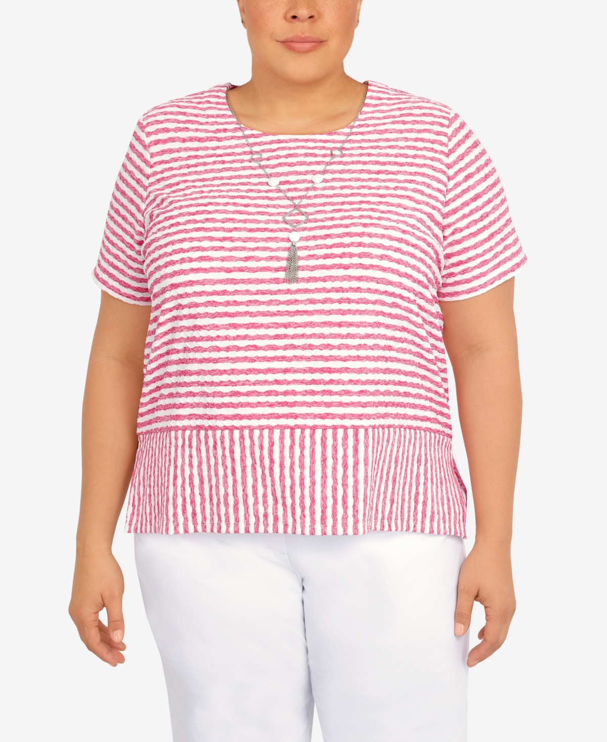Alfred Dunner Plus Size Classic Stripe Texture Knit Top With Necklace In Carnation