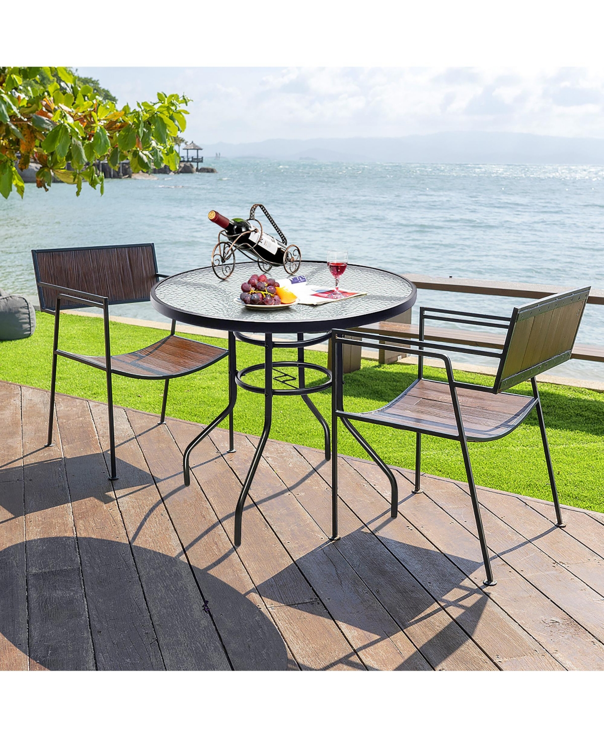 32'' Patio Round Table Tempered Glass Steel Frame Outdoor Pool Yard Garden