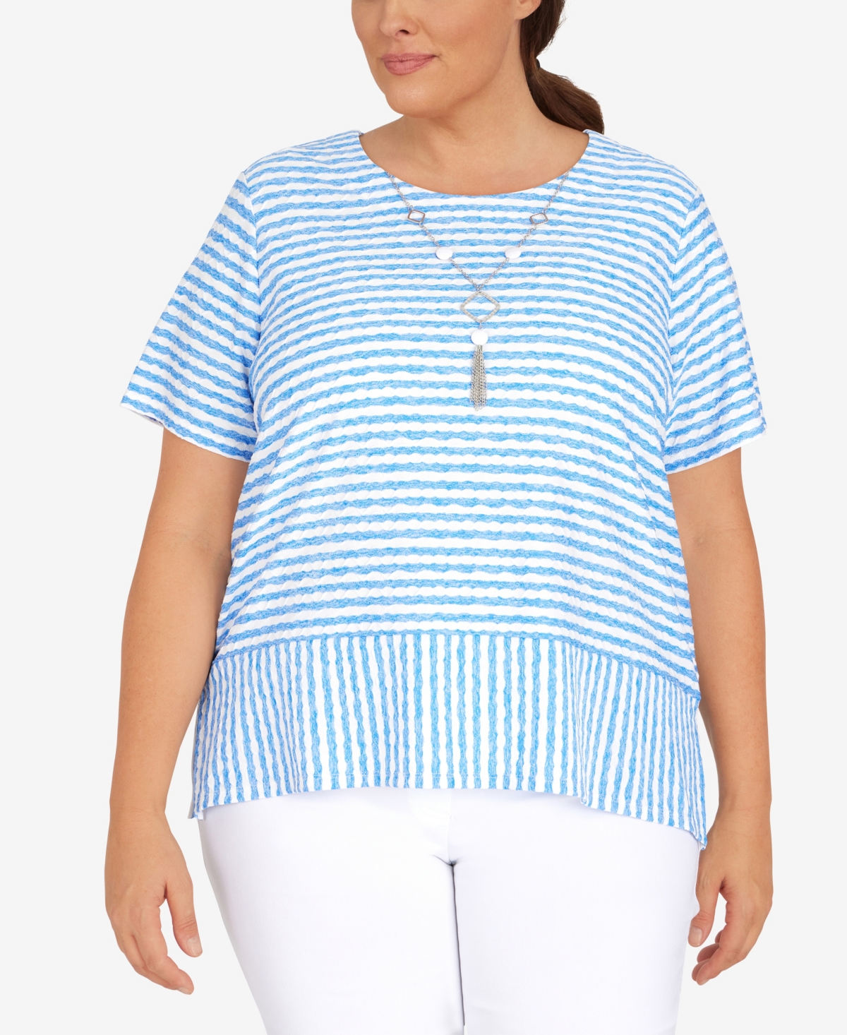 Alfred Dunner Plus Size Classic Stripe Texture Knit Top With Necklace In Periwinkle