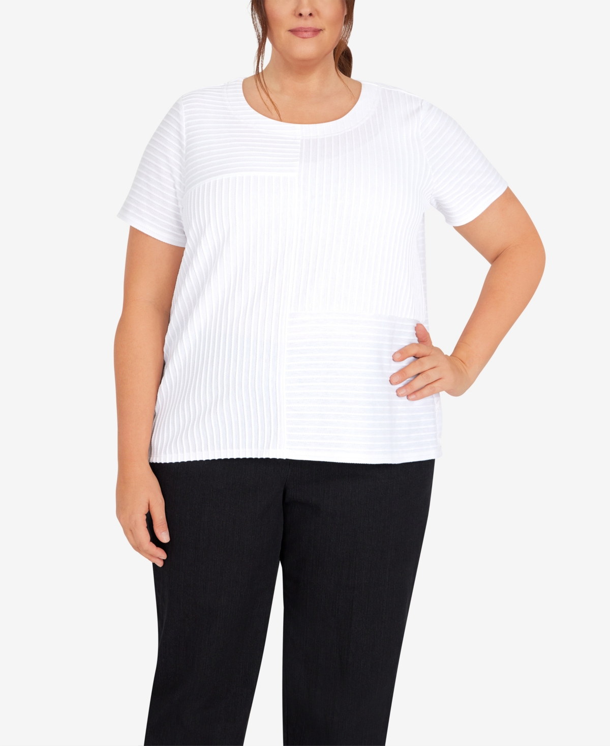 ALFRED DUNNER PLUS SIZE CLASSIC SPLICED OTTOMAN TEXTURE KNIT SHORT SLEEVE TOP