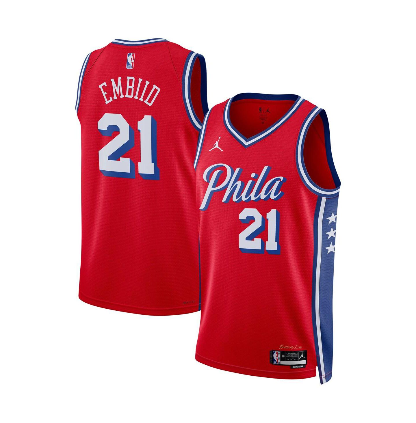 Мужской топ Jordan Joel Embiid Red Philadelphia 76ers 2022/23 Statement Edition Swingman Jersey — фото 1