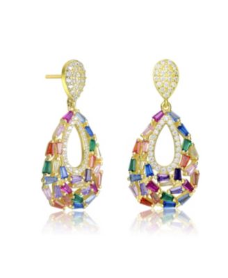 Sterling Silver Baguette & Round CZ Pear Shape Drop Earrings