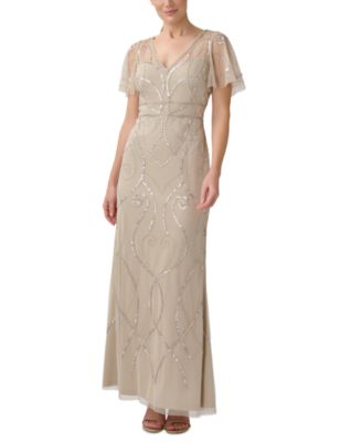 Papell Studio - Women's Flutter-Sleeved Embellished V-Neck Gown
