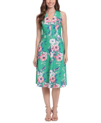 London Times - Women's V-Neck Floral-Print Sleeveless A-Line Dress