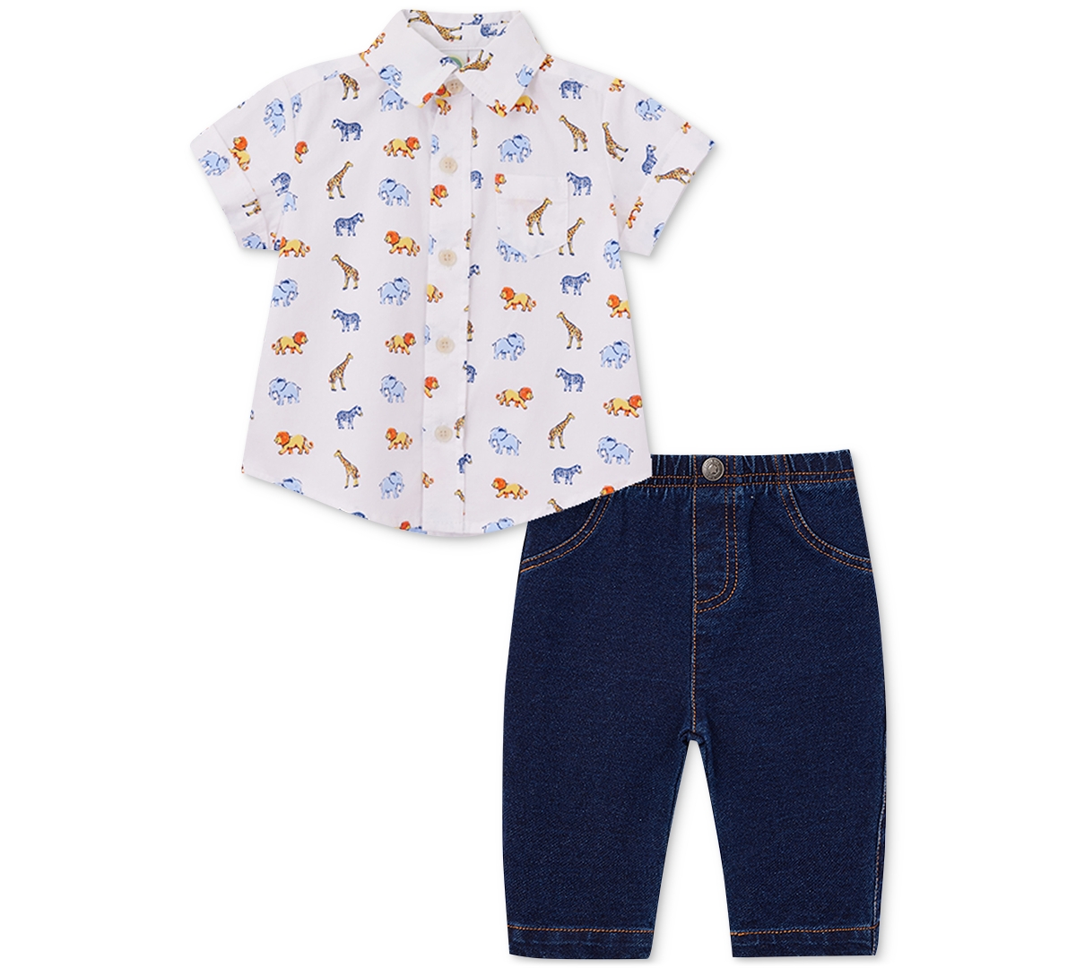 Little Me Baby Boys Safari Shirt And Jeans, 2 Piece Set In Pastel Blue