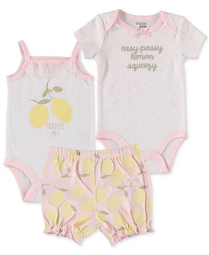 Chickpea Baby Girls Printed Fruit Bodysuits and Shorts , 3 Piece Set