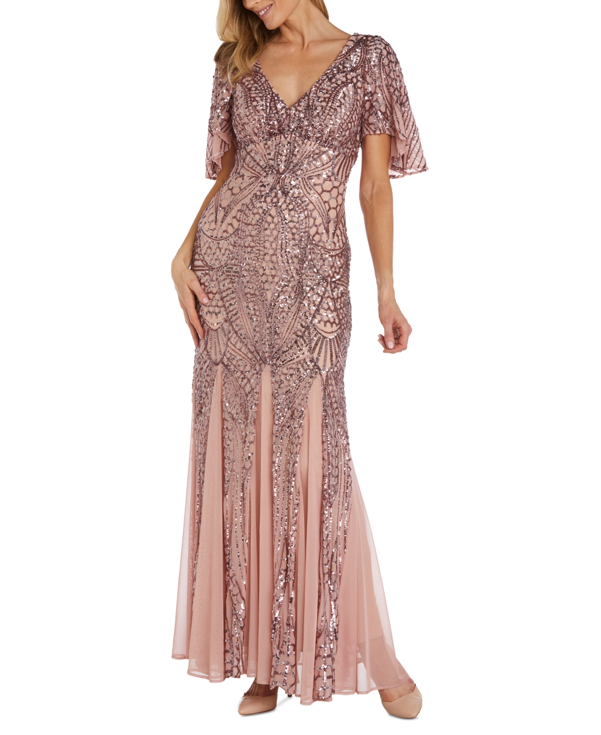 NIGHTWAY WOMEN'S LONG V-NECK SEQUINNED GOWN