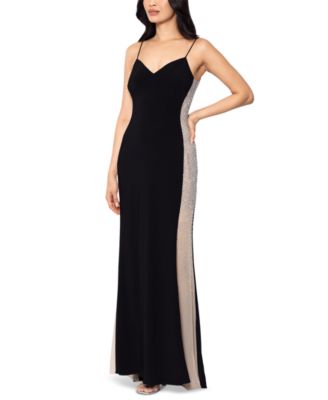 Xscape Women's Long Sleeve Caviar Bead Dress With Square Neck & Mesh Panels - Special Occasion Gown (Standard & Petite)