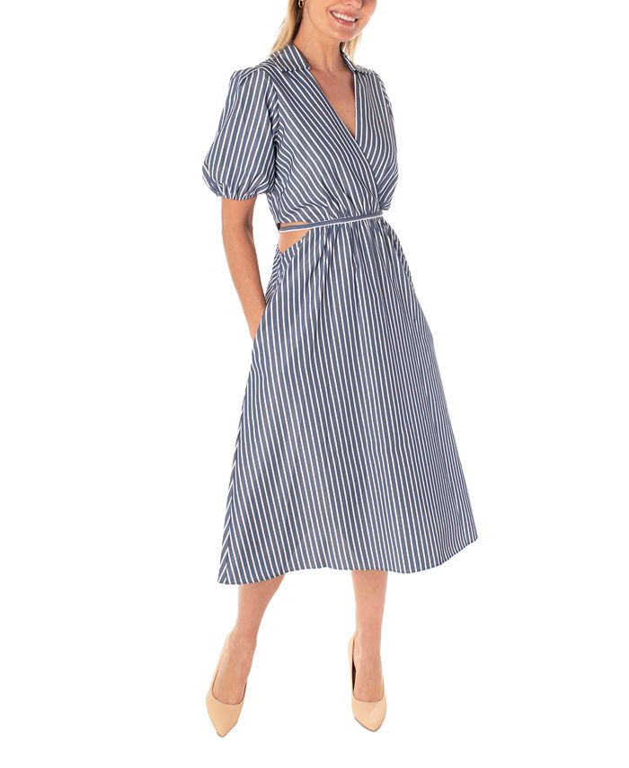 Maison Tara Women's Striped Cutout Puff-Sleeve Midi Dress - Macy's