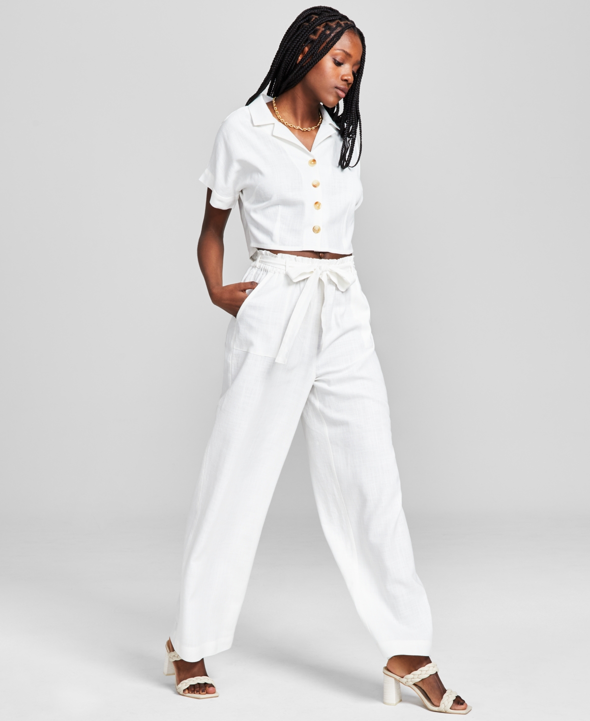 And Now This Women's Linen Blend Paperbag Pants