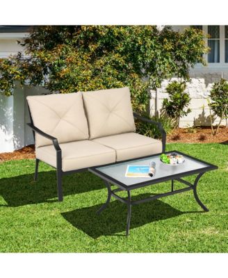 2 PCS Patio Loveseat with Coffee Table Outdoor Sofa Bench with Cushions