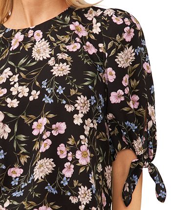 CeCe Women's Floral-Print Tie 3/4-Sleeve Crew Neck Blouse - Macy's