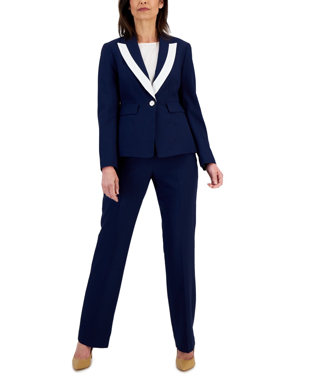 Women's Contrast-Trim Peak-Lapel Pantsuit, Regular and Petite - Black/Vanilla Ice