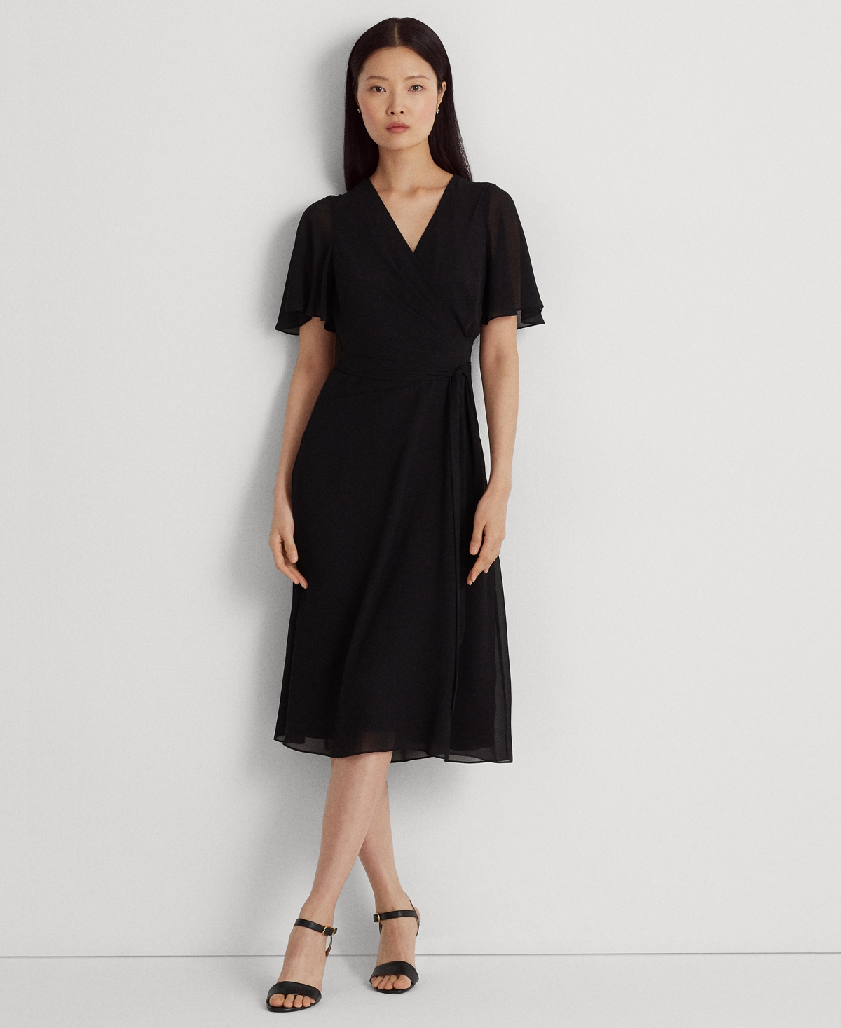 Ralph Lauren Women's Self-belt Roll-tab Sleeve Surplice Crepe Dress In Black