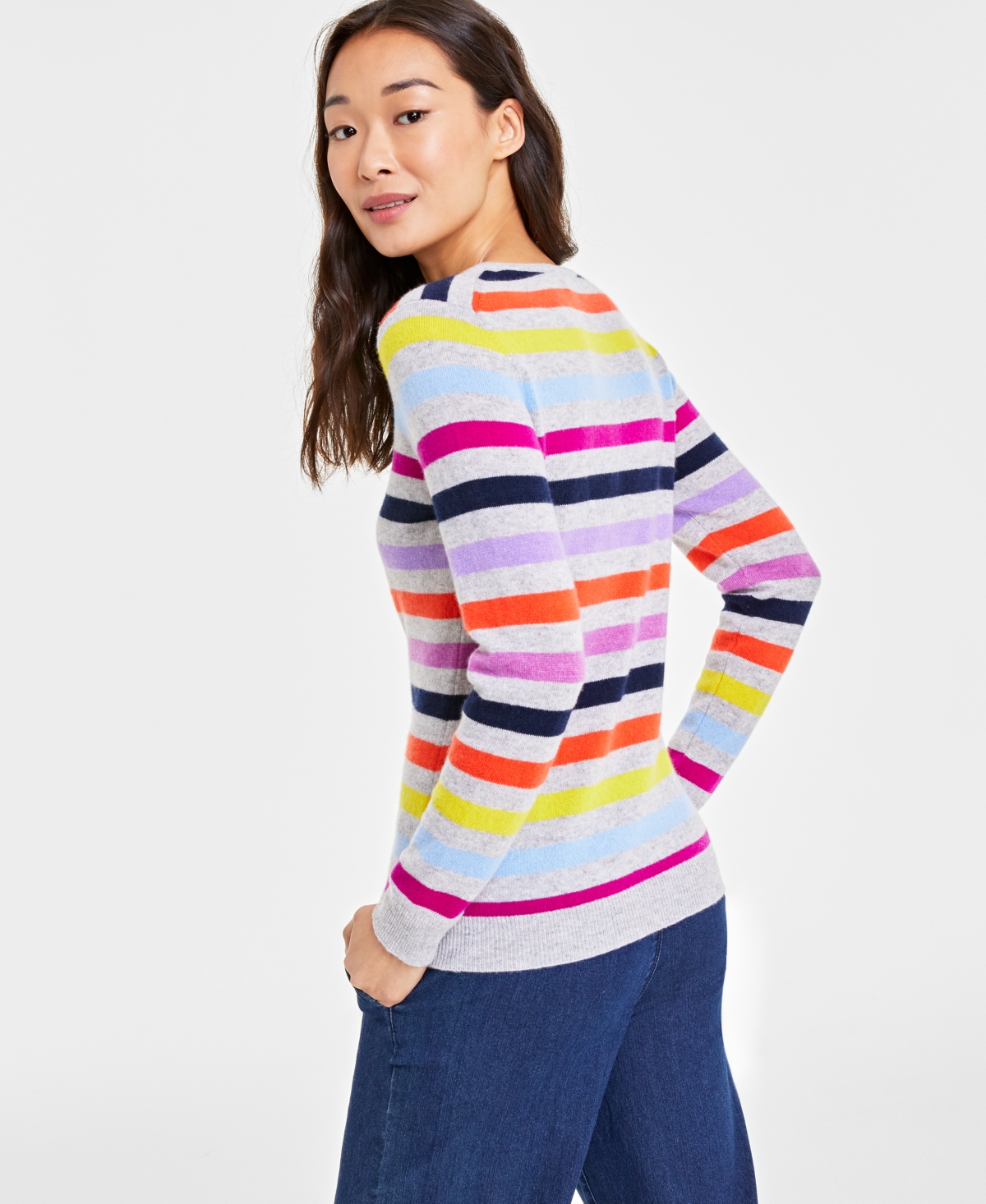 Charter Club Women's 100% Cashmere Striped Crewneck Sweater, Created for Macy's