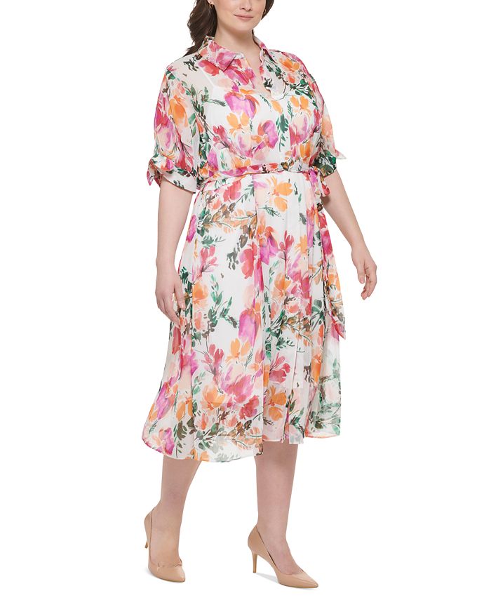 Calvin Klein Plus Size Floral-Print Belted Shirt Dress - Macy's