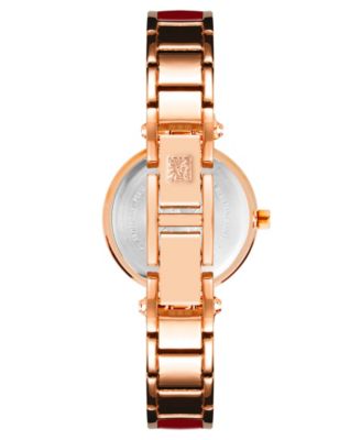 Women's Three Hand Quartz Rose Gold-tone Alloy and Burgundy Enamel Bangle Watch, 28mm