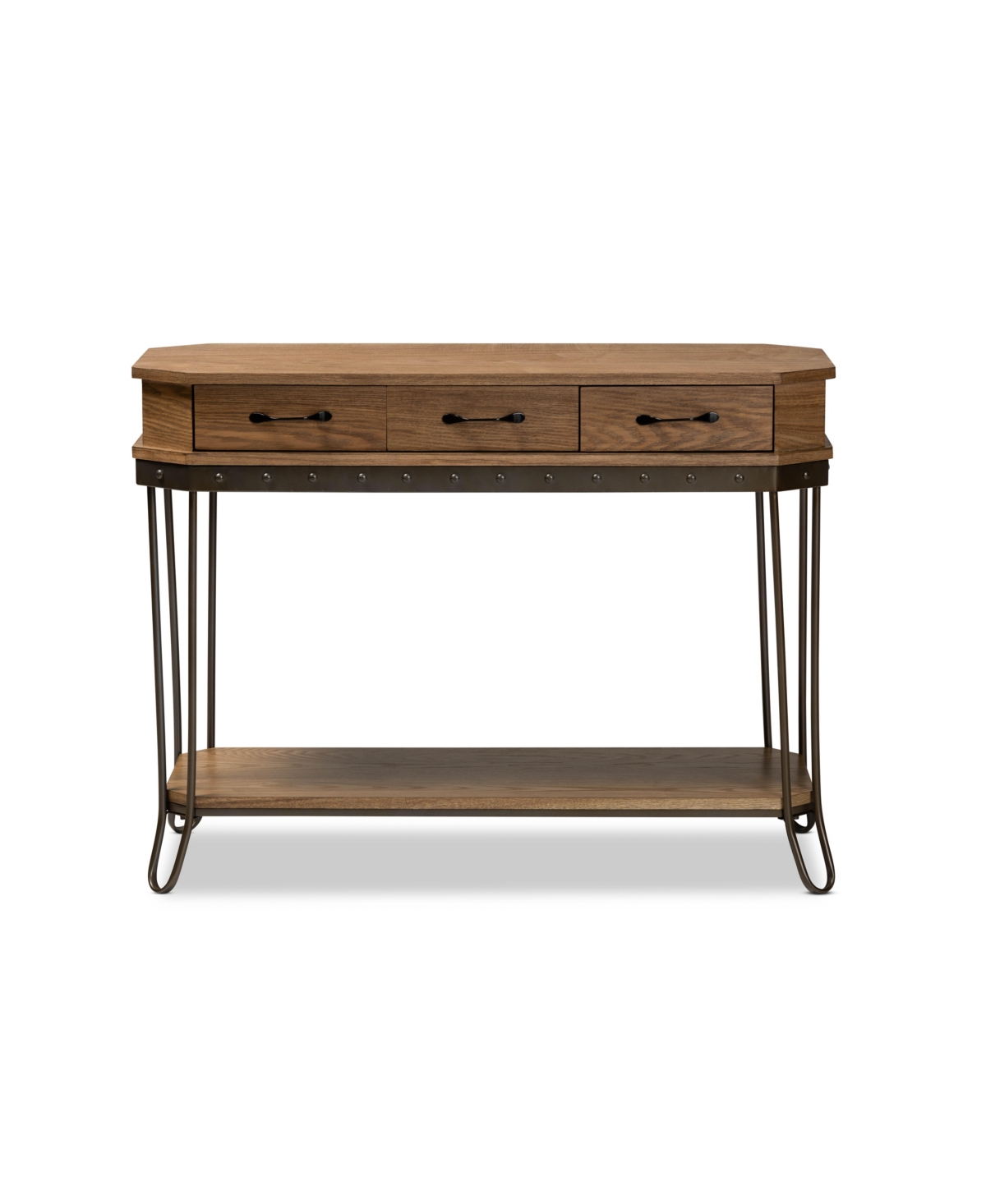 Baxton Studio Kellyn Vintage 42.9" Rustic Industrial Finished Wood And Metal 3-drawer Console Table In Oak Brown,black