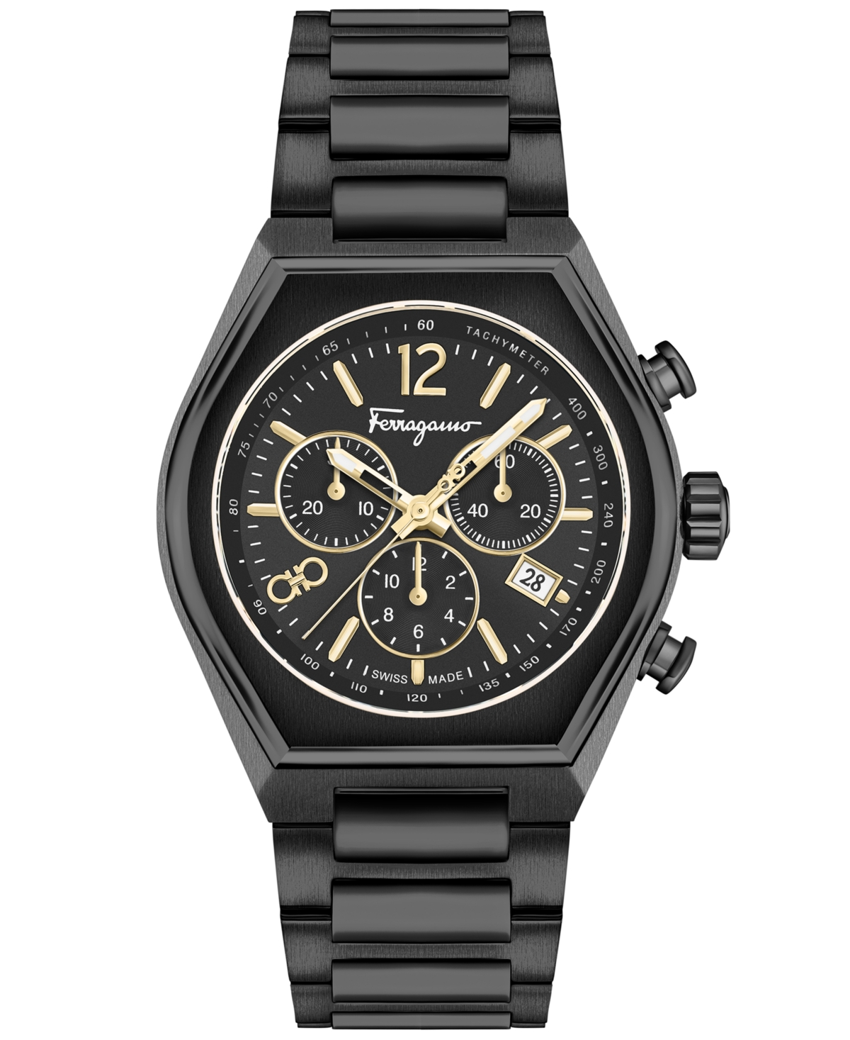 Ferragamo Salvatore  Men's Swiss Chronograph Tonneau Black Ion Plated Stainless Steel Bracelet Watch In Ip Black
