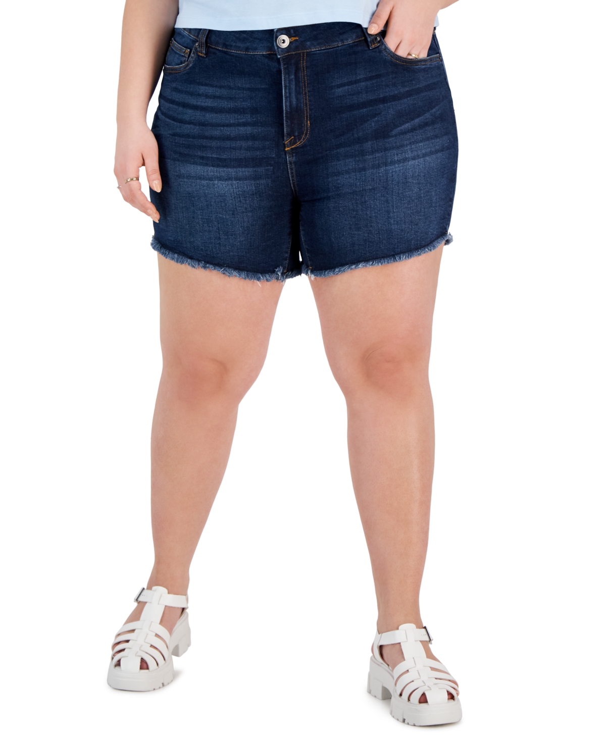 Trendy Plus Size Frayed Bermuda Denim Shorts - Sammogia