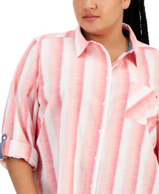 Plus Size Cotton Button-Front Roll-Tab Shirt 