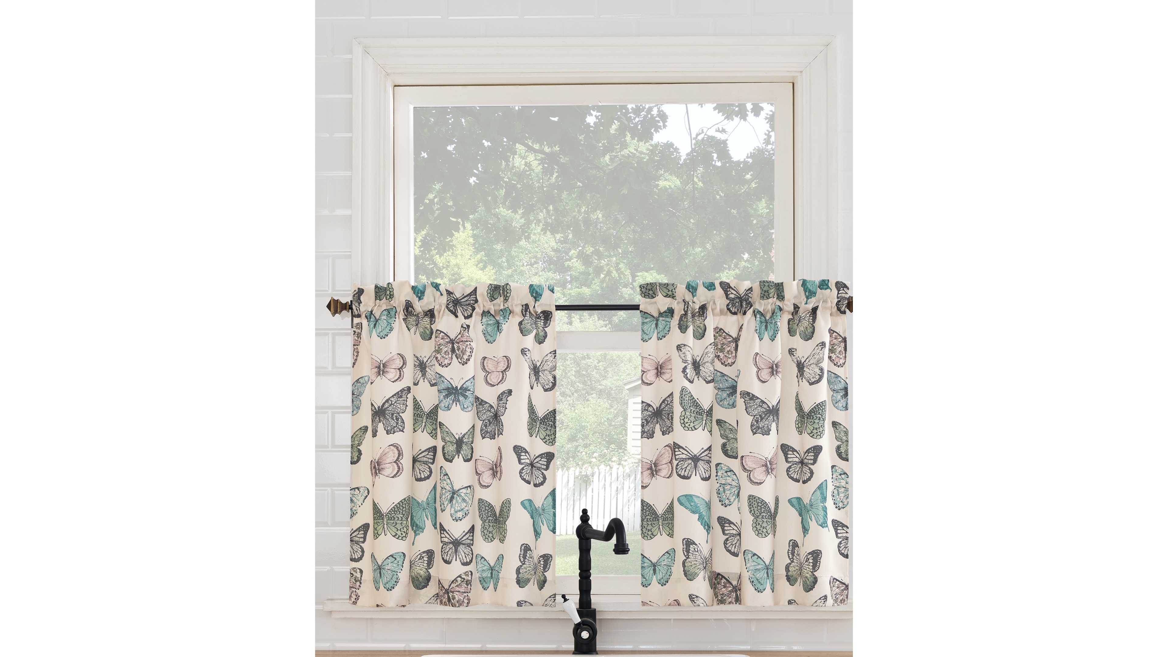 Magdalena Butterfly Print Sheer Rod Pocket Kitchen Curtain Tier Pair