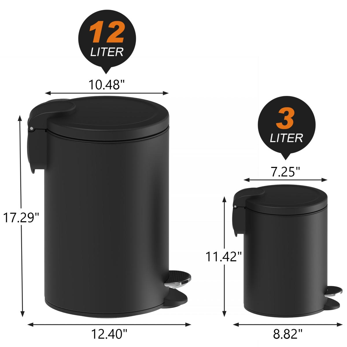 Mega Casa 3.2 Gal./12-Liter and 0.8 Gal./3 Liter Stylish Round Metal Step-on Trash Can Set