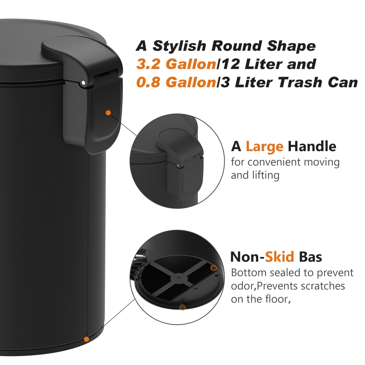 Mega Casa 3.2 Gal./12-Liter and 0.8 Gal./3 Liter Stylish Round Metal Step-on Trash Can Set