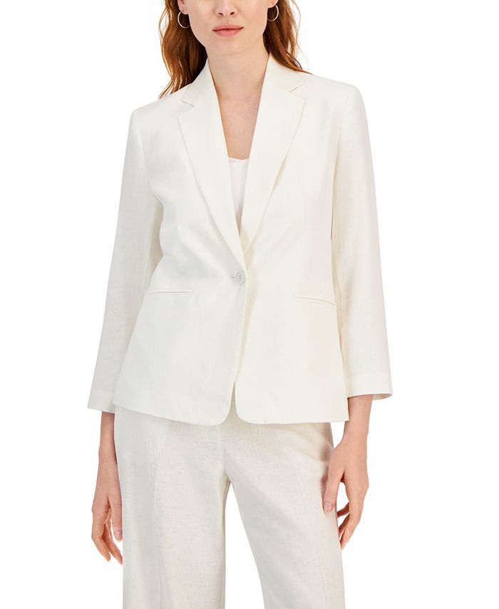 Nine West Women\'s Linen-Blend Notch-Lapel 3/4 Sleeve Button-Front Blazer -  Macy\'s
