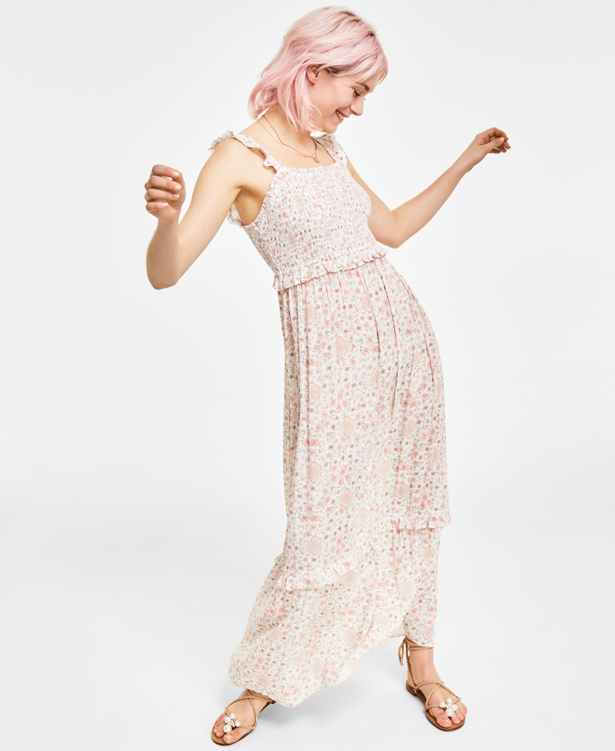 Hippie Rose Juniors' Smocked Ruffle-Trim Sleeveless Maxi Dress